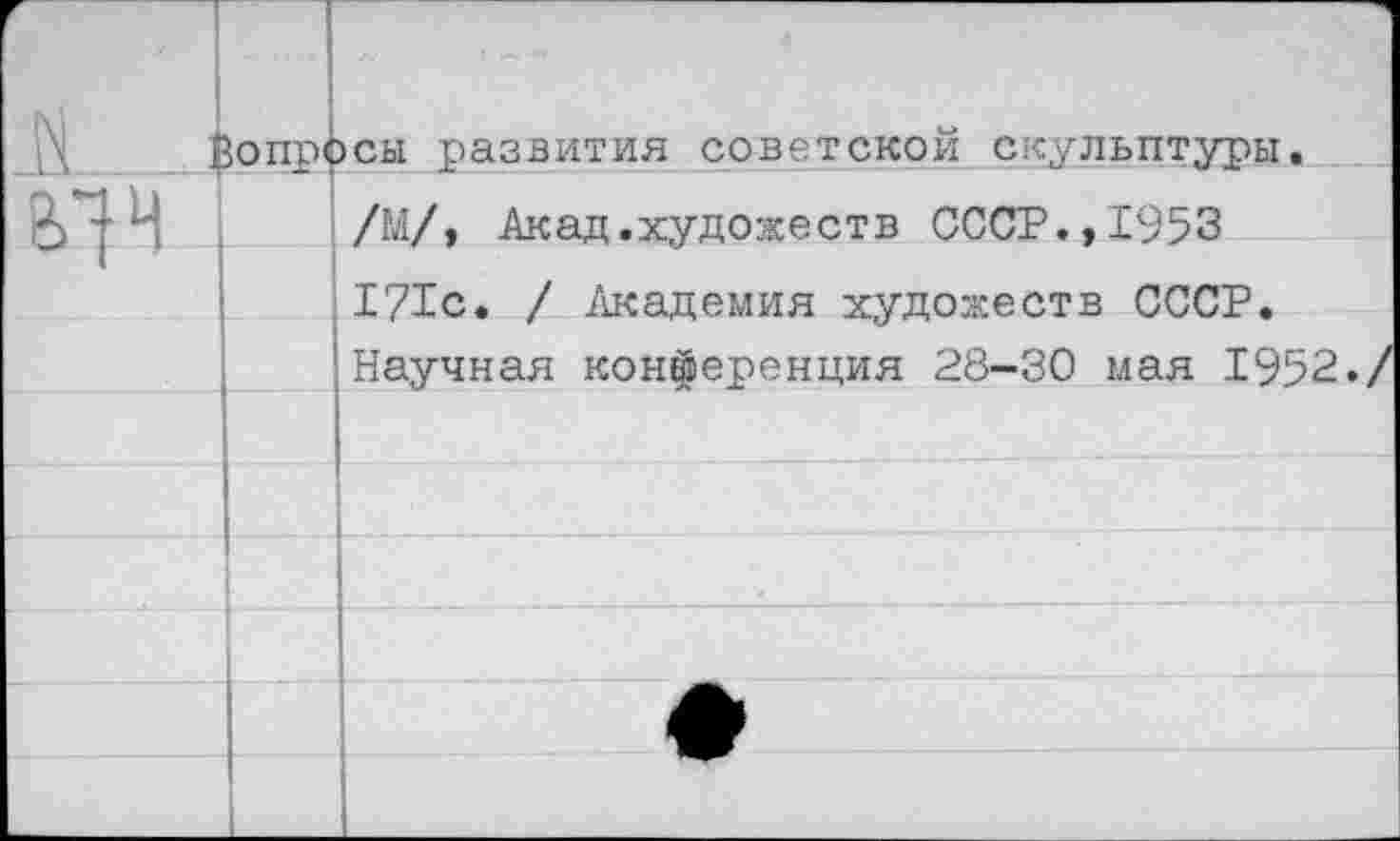 ﻿опросы развития советской скульптуры.
/М/, Акад.художеств СССР.,1953
171с. / Академия художеств СССР.
Научная конференция 28-30 мая 1952./